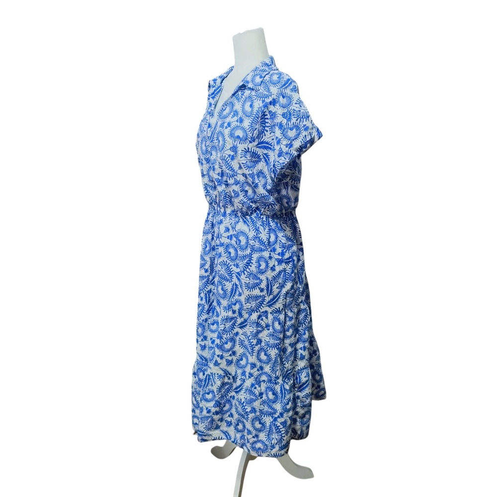 Ophelia Roe Eyelet Midi Dress Blue White Leaf Print Cottagecore Tradwife Size XL - Picture 2 of 13